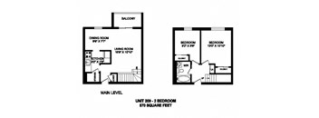 Two bedroom, one bathroom apartment layout at Kensington Apartments in Brockville, ON