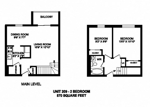 Two bedroom, one bathroom apartment layout at Kensington Apartments in Brockville, ON
