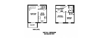 Two bedroom, one bathroom apartment layout at Kensington Apartments in Brockville, ON