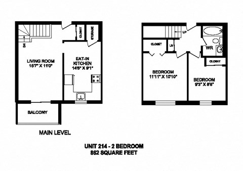 Two bedroom, one bathroom apartment layout at Kensington Apartments in Brockville, ON
