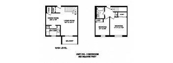 Two bedroom, one bathroom apartment layout at Kensington Apartments in Brockville, ON