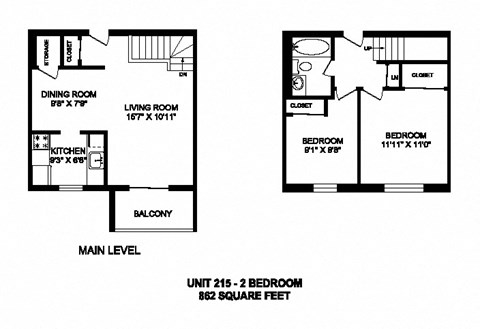 Two bedroom, one bathroom apartment layout at Kensington Apartments in Brockville, ON