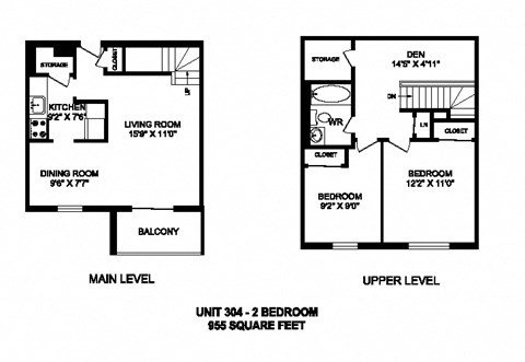 Two bedroom plus den, one bathroom apartment layout at Kensington Apartments in Brockville, ON