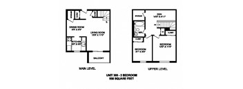 Two bedroom plus den, one bathroom apartment layout at Kensington Apartments in Brockville, ON