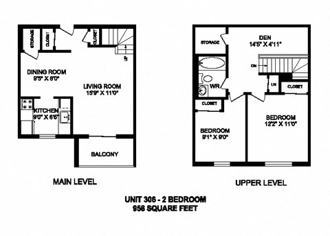 Two bedroom plus den, one bathroom apartment layout at Kensington Apartments in Brockville, ON