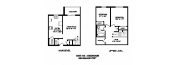 Two bedroom plus den, one bathroom apartment layout at Kensington Apartments in Brockville, ON