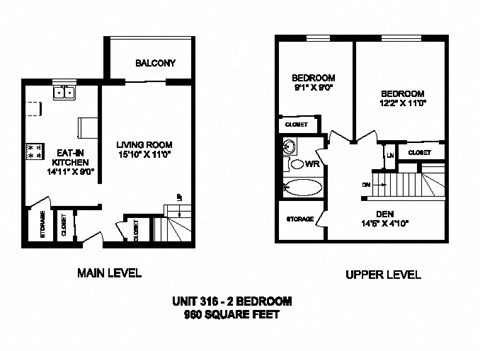 Two bedroom plus den, one bathroom apartment layout at Kensington Apartments in Brockville, ON