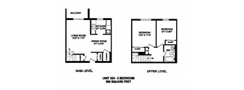 Two bedroom, one bathroom apartment layout at Kensington Apartments in Brockville, ON