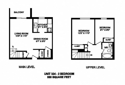 Two bedroom, one bathroom apartment layout at Kensington Apartments in Brockville, ON