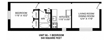 One bedroom, one bathroom apartment layout at Brockville Apartments in Brockville, ON