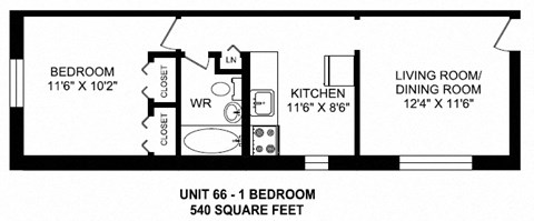 One bedroom, one bathroom apartment layout at Brockville Apartments in Brockville, ON