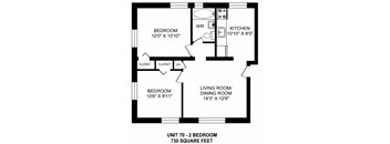 Two bedroom, one bathroom apartment layout at Brockville Apartments in Brockville, ON