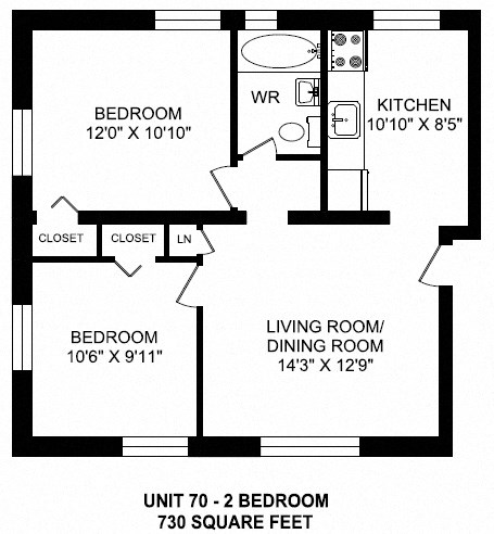 Two bedroom, one bathroom apartment layout at Brockville Apartments in Brockville, ON