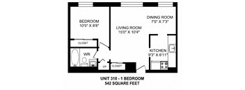 One bedroom, one bathroom apartment layout at Brockville Apartments in Brockville, ON