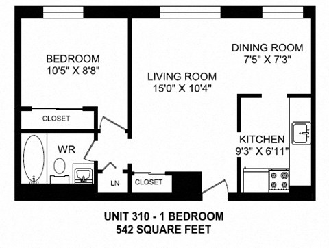 One bedroom, one bathroom apartment layout at Brockville Apartments in Brockville, ON