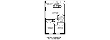 Two bedroom, one bathroom apartment layout at Brockville Apartments in Brockville, ON