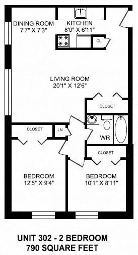 Two bedroom, one bathroom apartment layout at Brockville Apartments in Brockville, ON