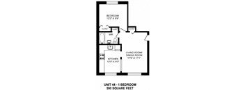 One bedroom, one bathroom apartment layout at Brockville Apartments in Brockville, ON