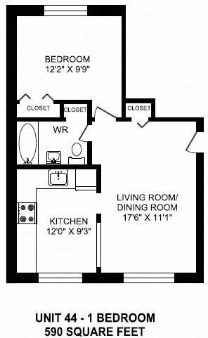 One bedroom, one bathroom apartment layout at Brockville Apartments in Brockville, ON