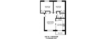 Two bedroom, one bathroom apartment layout at Brockville Apartments in Brockville, ON