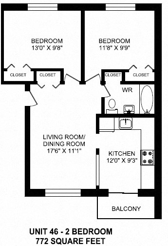 Two bedroom, one bathroom apartment layout at Brockville Apartments in Brockville, ON