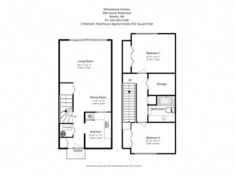 Two bedroom, one bathroom apartment layout at Willowbrook Estates in Brooks, AB