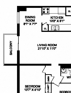 Two bedroom, one bathroom apartment layout at Trillium Apartments in Cobourg, ON