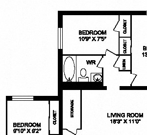 Three bedroom, one bathroom apartment layout at Trillium Apartments in Cobourg, ON