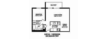 One bedroom, one bathroom apartment layout at Trillium Apartments in Cobourg, ON