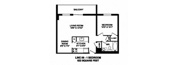 One bedroom, one bathroom apartment layout at Trillium Apartments in Cobourg, ON