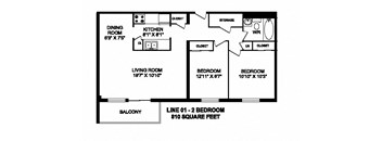Two bedroom, one bathroom apartment layout at Trillium Apartments in Cobourg, ON