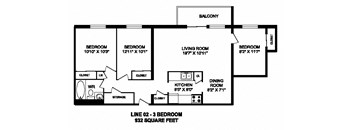 Three bedroom, one bathroom apartment layout at Trillium Apartments in Cobourg, ON