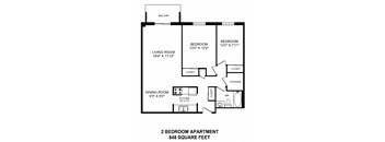 Floor plans of 2 bed, 1 bath, comfortable suites with balcony access at Mountain View in Collingwood, ON