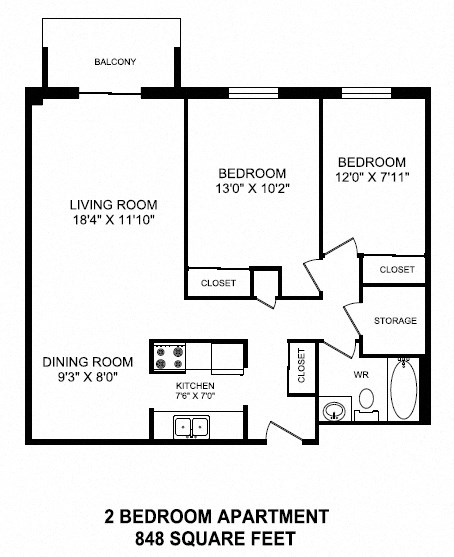 Floor plans of 2 bed, 1 bath, comfortable suites with balcony access at Mountain View in Collingwood, ON