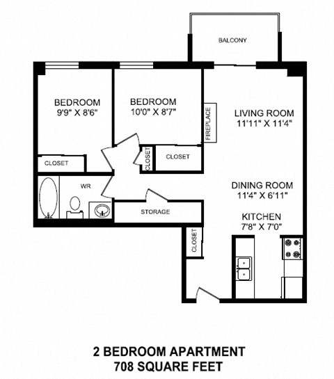 Floor plan of 2 bed, 1 bath, open concept modern suites in Mountain View in Collingwood, ON