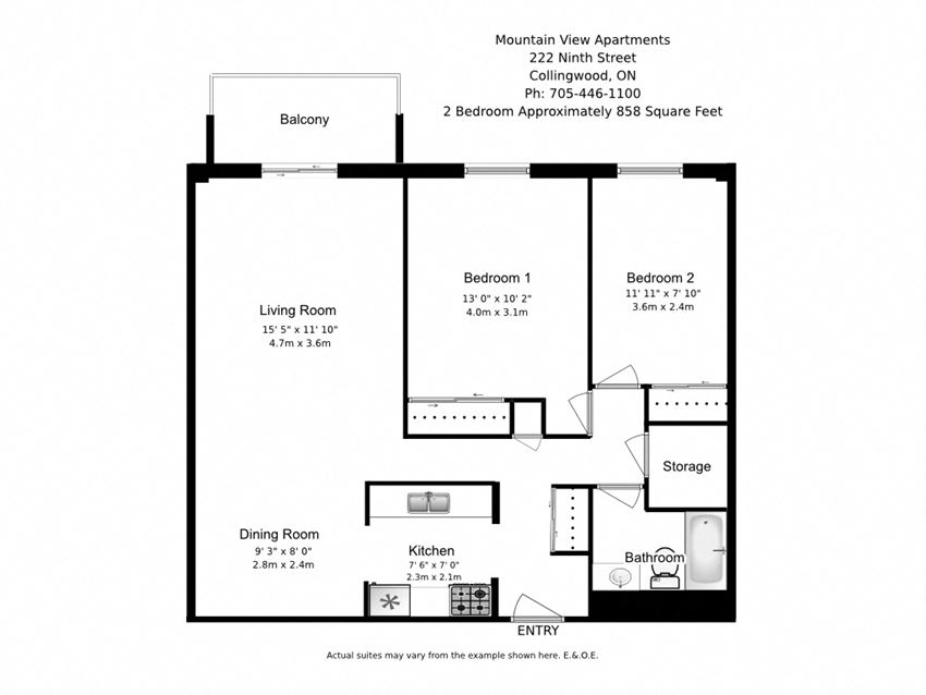 Enjoy modern living in luxury suites with city views Floor plan of 2 bed, 1 bath, spacious luxury apartment at Mountain View in Collingwood, ON