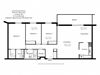 Three bedroom, one bathroom apartment layout at Lorneville Apartments in Cornwall, ON
