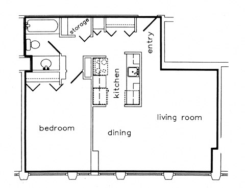 One bedroom, one bathroom apartment layout at MacDonald Estates in Edmonton, AB
