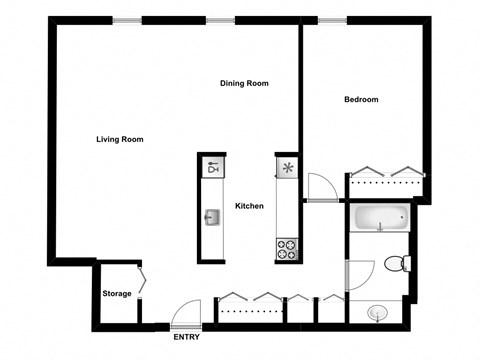One bedroom, one bathroom apartment layout at MacDonald Estates in Edmonton, AB
