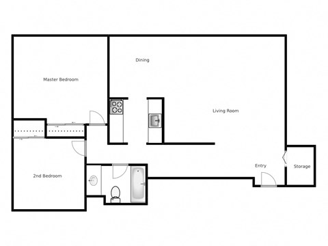 Two bedroom, one bathroom apartment layout at MacDonald Estates in Edmonton, AB