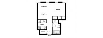 Bachelor, one bathroom apartment layout at MacDonald Estates in Edmonton, AB