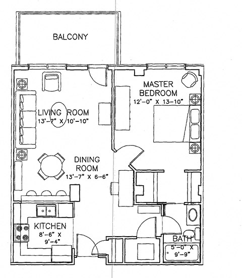 One bedroom, one bathroom apartment layout at Wellington Court Apartments in Edmonton, AB