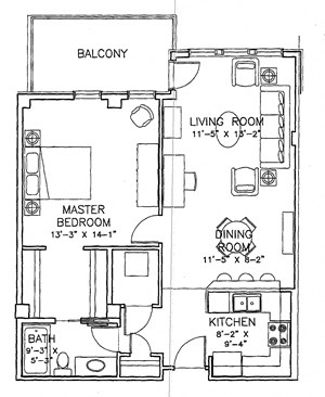 One bedroom, one bathroom apartment layout at Wellington Court Apartments in Edmonton, AB