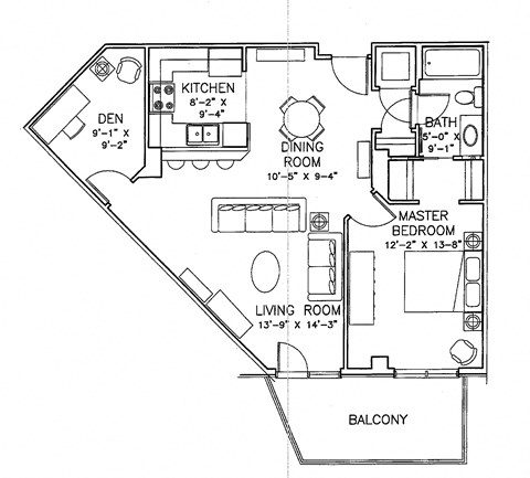 One bedroom plus den, one bathroom apartment layout at Wellington Court Apartments in Edmonton, AB