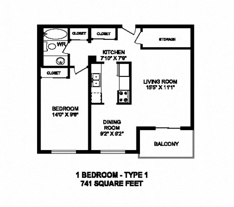 One bedroom, one bathroom apartment layout at High Street Apartments in Fort Erie, ON