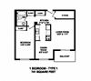 One bedroom, one bathroom apartment layout at High Street Apartments in Fort Erie, ON