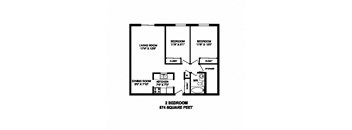 Two bedroom, one bathroom apartment layout at High Street Apartments in Fort Erie, ON