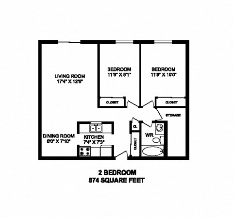 Two bedroom, one bathroom apartment layout at High Street Apartments in Fort Erie, ON