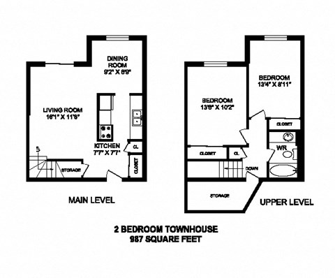 Two bedroom, one bathroom apartment layout at High Street Apartments in Fort Erie, ON