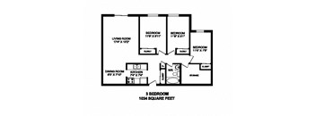 Three bedroom, one bathroom apartment layout at High Street Apartments in Fort Erie, ON